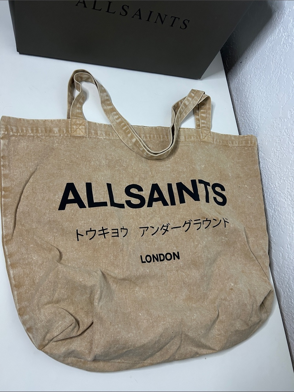 AllSaints Tan Canvas Tote Bag with Black Logo